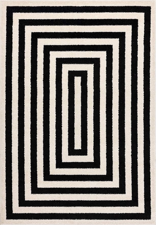Abani Contemporary Area Rug, Contrasting Geometric Modern Stripe Symmetrical Living Room Carpet Rugs (Ivory Black, 2'2 x 12')