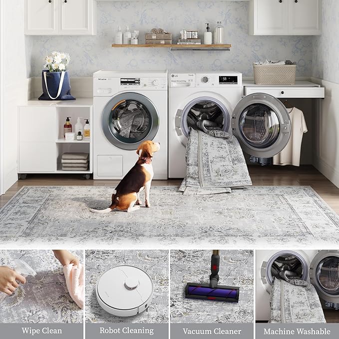 jinchan Fiora Hallway Runner Rug 3x7 Machine Washable Runner Rug Grey Vintage Floral Design Non-Slip Low Pile Ultra-Thin for Kitchen Laundry Room Bedroom Farmhouse (3‘x7', Grey)