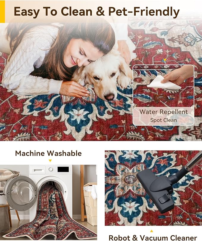 Area Rugs 8'x10' Washable Non-Slip, Floral Vintage Distress Print Pattern Medallion Carpet for Living Room Bedroom Dining Room, Red Blue