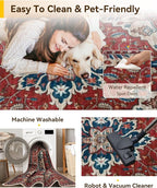 Area Rugs 8'x10' Washable Non-Slip, Floral Vintage Distress Print Pattern Medallion Carpet for Living Room Bedroom Dining Room, Red Blue