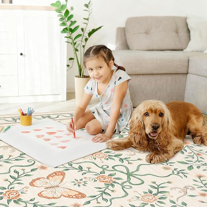GarveeHome Beige Floral 9x12 Living Room Rugs Non Slip Washable Large Bedroom Throw Carpet Low Pile Butterfly Rug Soft Boho Bow and Flower Carpets for Nursery Home Decor, 9x12
