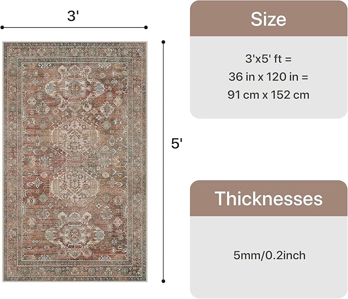 Bavni 3x5 Area Rug for Living Room Bedroom, Washable Boho Print Vintage Aesthetic Rug, Ultra-Thin Low Pile Rugs for Entryway Playroom with Non Slip Backing, Brick