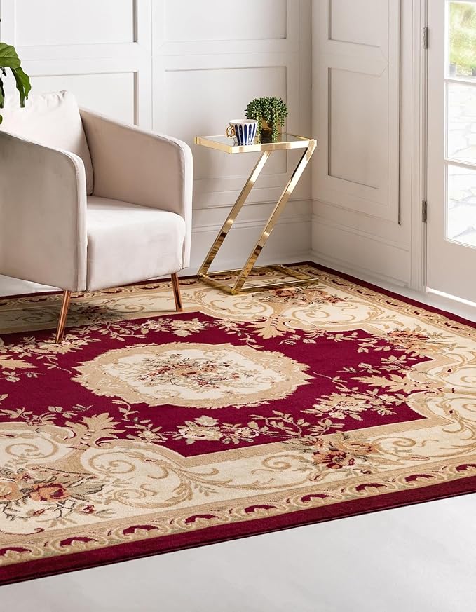 Unique Loom Versailles Collection Traditional Classic Floral Motif Area Rug (5' 0 x 5' 0 Square, Burgundy/Ivory)