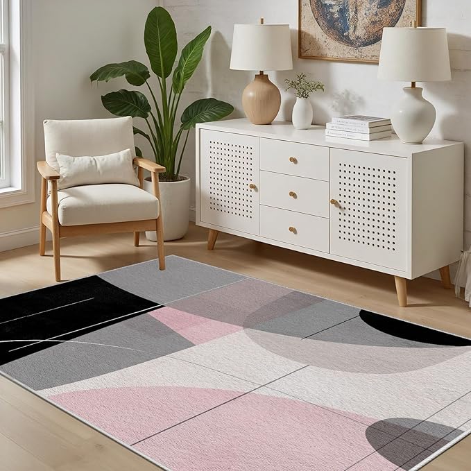 Abstract Art Line Living Room Area Rugs 5x8, Modern Boho Geometric Print Rug, Minimalist Washable Non Slip Neutral Soft Carpet for Bedroom, Dining Room Office Playroom, Black Gray