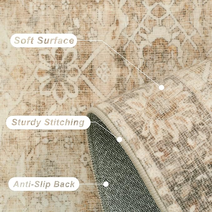 4x6 Washable Area Rug for Living Room Bedroom Dining Room Non-Slip Low Pile Boho Vintage Distressed Entryway Rug Traditional Floral Retro Accent Throw Carpet for Dining Room Bathroom Kitchen Beige