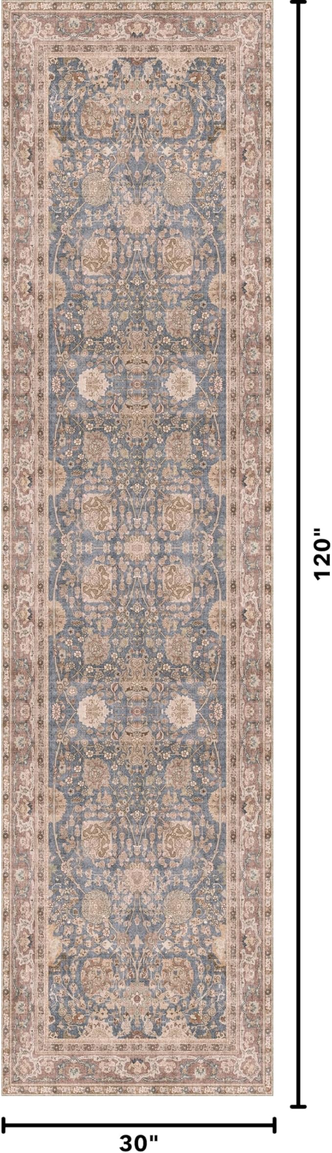 Kuden 2'6"x10 Runner Rug, Machine Washable Area Rug with Non-Slip Backing, Vintage Style, Soft, Easy Clean, Low Pile Rug for Hallway, Entryway, Kitchen, Bedroom