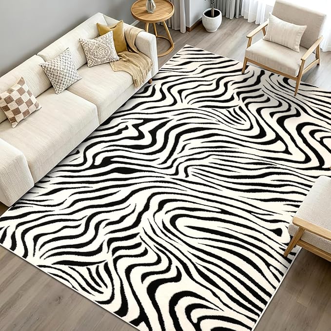 YIHOUSE 6×9 Ft Area Rugs for Living Room: Modern Washable Rug - Abstract Black and Cream White Rug for Bedroom Dining Room Office Playroom Nursery Home Decor - Nonslip Non-Shedding Striped Rugs