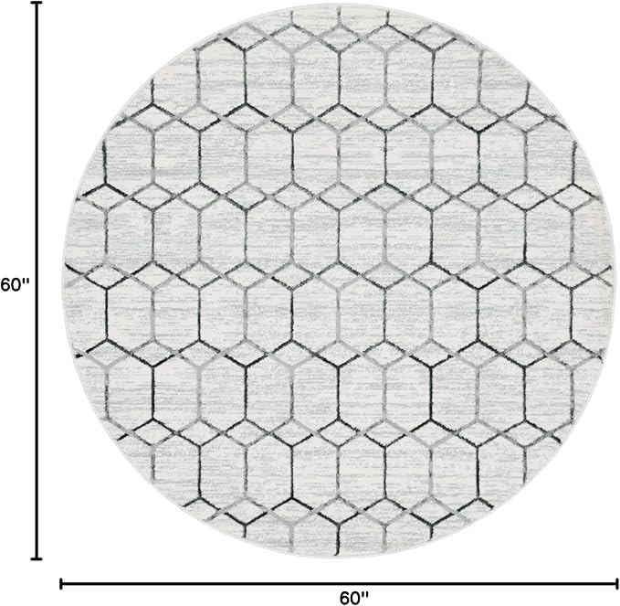 Rugs.com Lattice Trellis Collection Rug – 5 Ft Round White Low-Pile Rug Perfect for Kitchens, Dining Rooms