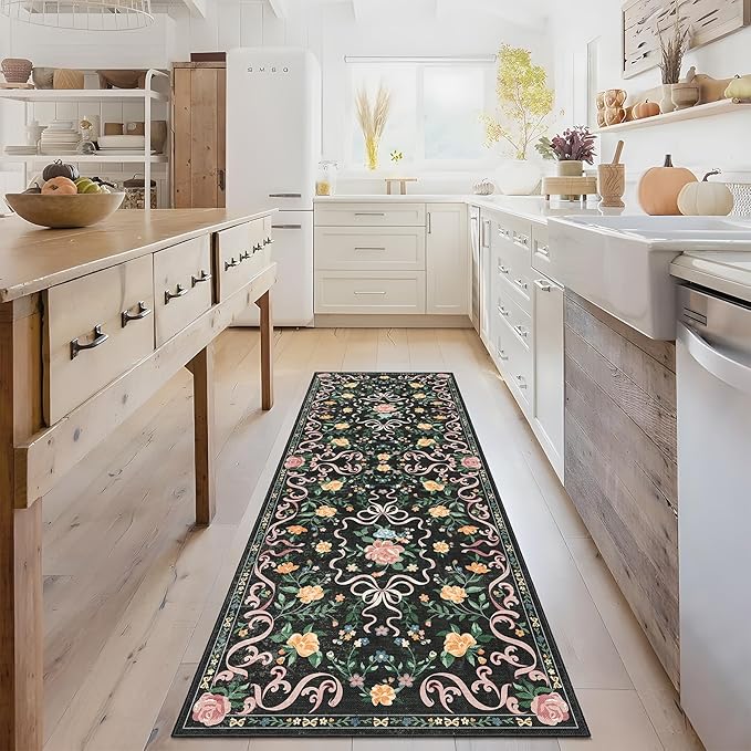 Washable Non-Slip Runner Rugs 2X6, Black Rug Boho Farmhouse Bow Floral Area Rug for Hallway Kitchen Bedroom Beside Laundry Room Bathroom Rug, Low Pile Stain Resistant Soft Floor Carpet