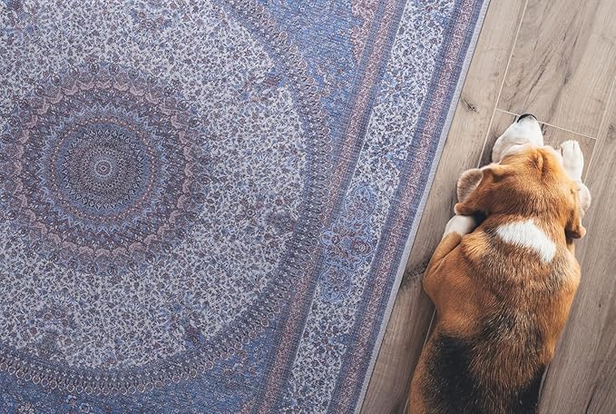 GLN Rugs Traditional Collection - Machine Washable Area Rug, Traditional Washable, Non Slip, Low Pile Chenille Rug, Living Room, Bedroom, Kitchen Rug (8' x 10' Navy/Off White)