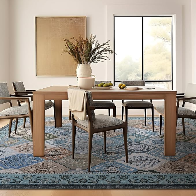 Phantoscope Washable Area Rug 4'x6' Non-Slip, Vintage Boho Rugs for Living Room, Bedroom, Dining Room, Distressed Moroccan Mosaic Diamond Pattern, Low-Pile Foldable Floor Carpet, Blue Teal/Neutral