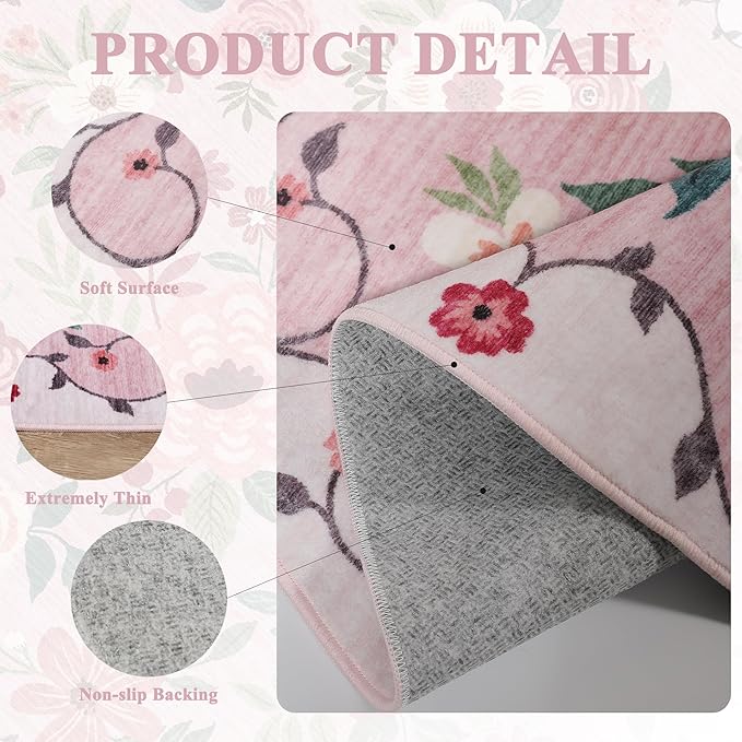 DUKINO 2x5 Runner Rug for Hallway, Washable Kitchen Floral Runner Rug with Non Slip Backing, Low Pile Soft Boho Carpet for Kitchen, Hallway, Entryway, Laundry, Bedroom, Pink
