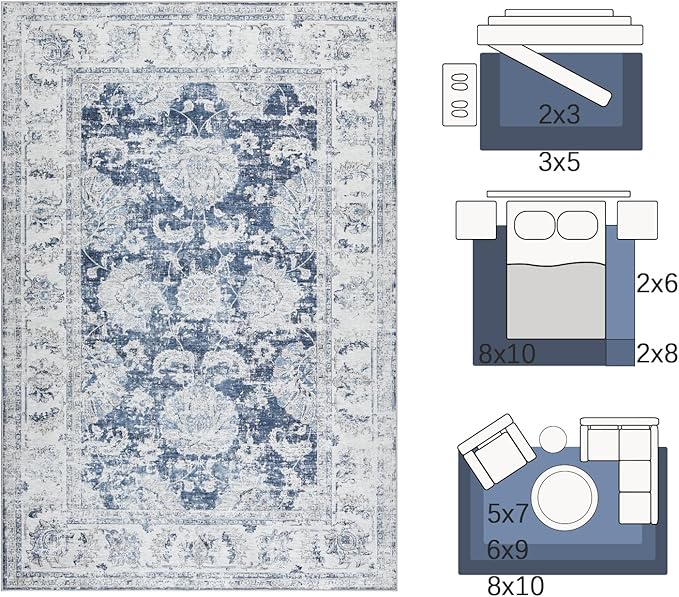 jinchan Fiora Washable Area Rug 8x10 for Living Room Soft Faux Wool Ultra-Thin Stain Resistant Non-Slip Distressed Vintage Floral Large Carpet for Bedroom, Home Office, Nursery(Dark Blue, 8'x10')