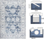 jinchan Fiora 6x9 Area Rug for Living Room Washable Soft Throw Rug Ultra-Thin Stain Resistant Non-Slip Distressed Vintage Floral Large Carpet for Bedroom, Home Office, Nursery(6x9ft, Dark Blue)