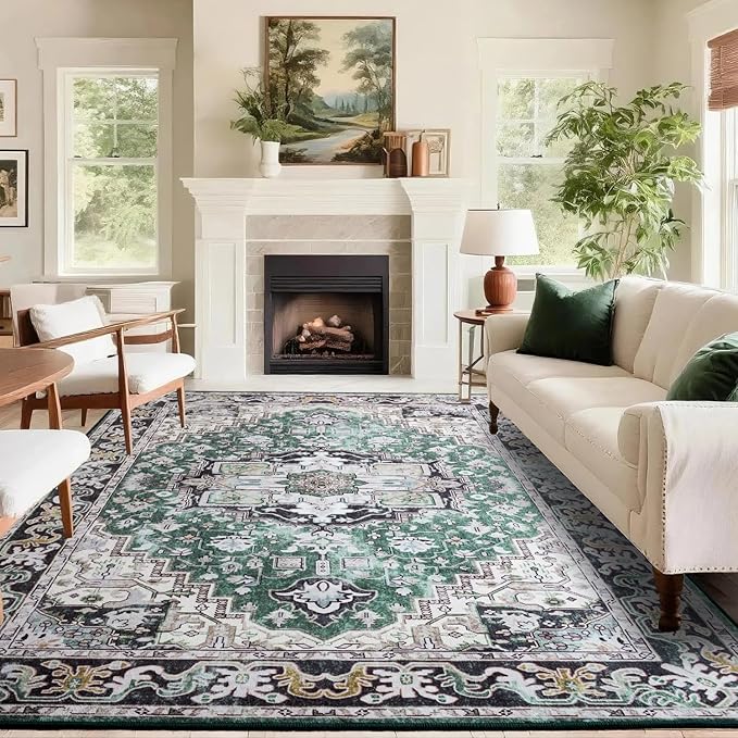Large Area Rugs 6x9 , Washable Vintage Rugs -Low Pile, Soft Plush Rugs for Bedroom, Kitchen, Dining Room, Stain Resistance, Non Shedding & Kid & Pet Friendly, Green