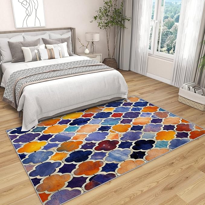 Moroccan Rugs for Living Room - 6x9 ft, Moroccan Trellis Rug, Colorful Geometric Living Room Rug, Oriental Tile Washable Area Rugs for Bedroom, Traditional Patchwork Home Decor & Gifts