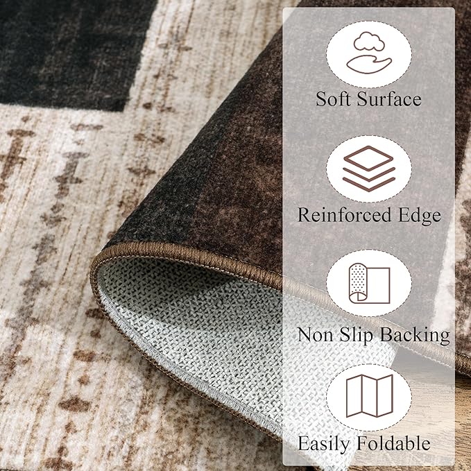 Modern Geometric Patchwork Indoor Runner Rug for Living Room, Chocolate 2'x 6' Rug Rockwood Collection Hardwood Floors Decor for Bedroom, Brown Throw Carpet for Office Entryway Dining Room