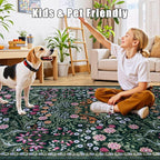 Area Rug Living Room Rugs: Floral 4x6 Washable Rug Vintage Soft Boho Non-Slip Carpet Indoor Floor Stain Resistant Large Carpets for Bedroom Dining Room Farmhouse Nursery Hallway Home Office Dark Green