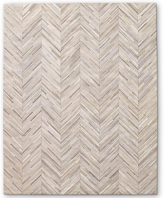 Elegant Rectangular Rug Cowhide Leather Stylish Luxury Non Slip Chevron Patchwork Area Rug for Living Room and Home Décor Floor Carpet (Beige-6 x 9 ft)