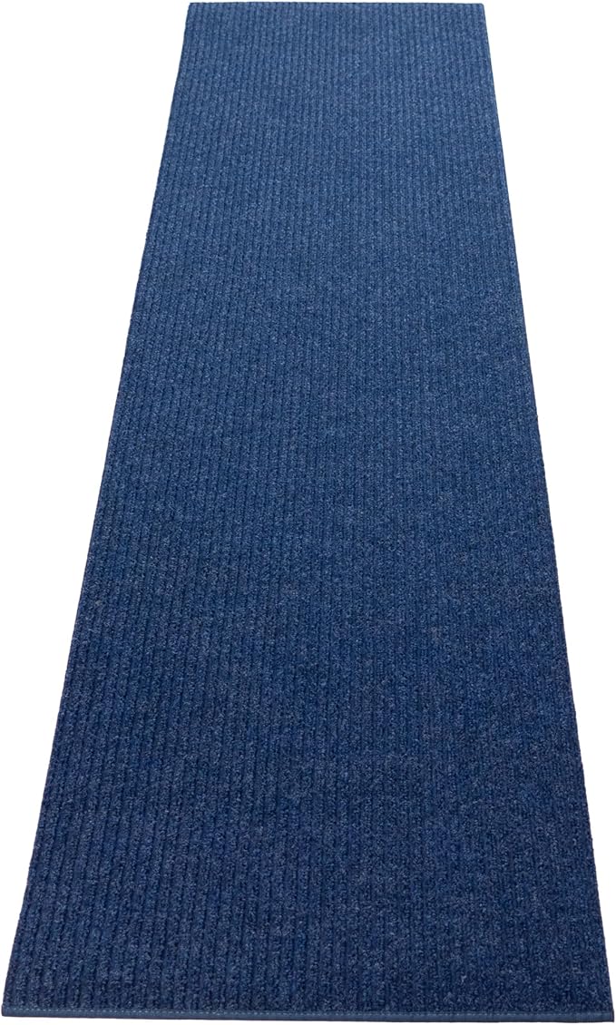 English Home Custom Size Non Slip Striped Design Durable PVC Non Slip Backing Tough Pile Runner Rug for Hallway, Outdoor, Indoor, Commercial, Residential, Pool, Office (Dark Blue, 36" x 13')