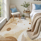 Minimalist Abstract Area Rug 7x10 Beige Boho, Modern Washable Geometric Art Carpet, Soft Non-Slip Low-Pile Carpet for Living Room, Bedroom, Kitchen, Dining Room, Pet Friendly, Non-Shedding, Brown