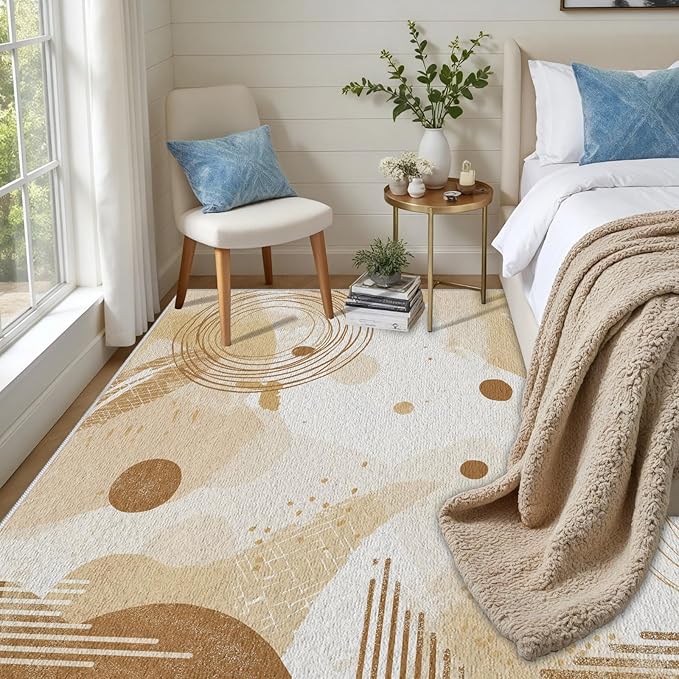 Minimalist Abstract Area Rug 3x5 Beige Boho, Modern Washable Geometric Art Carpet, Soft Non-Slip Low-Pile Carpet for Living Room, Bedroom, Kitchen, Dining Room, Pet Friendly, Non-Shedding, Brown