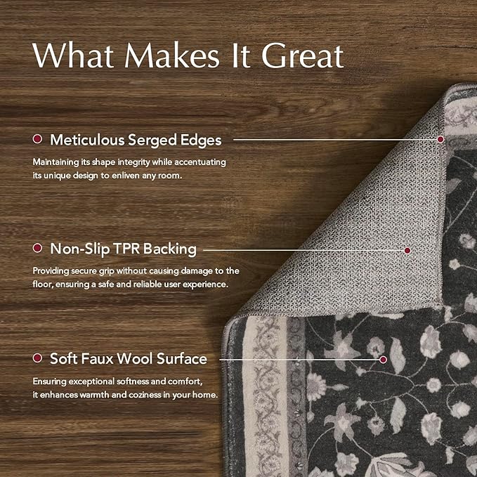 EVERGRACE Hallyway Area Runner Rugs 2x8, Boho Floral Faux Wool Indoor Outdoor Rugs, Washable Rugs for Bedroom Dining Room Living Room Kitchen, Low Pile Floor Mat Carpet for Home Decor, Ebony Black