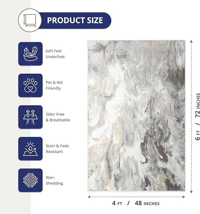 Abani Regal Beige Grey Area Rug for Living Room, Bedroom - Swirl Abstract Pattern - 4' x 6' - Durable & Easy to Clean