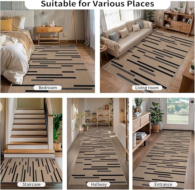 Tangsoo Washable Stripe Easy Jute Rug 4x6 for Paito,Non-Slip Indoor Outdoor Thin Carpet,Farmhouse Black Throw Mat for Front Porch Dining Room Bedroom Backyard Foyer