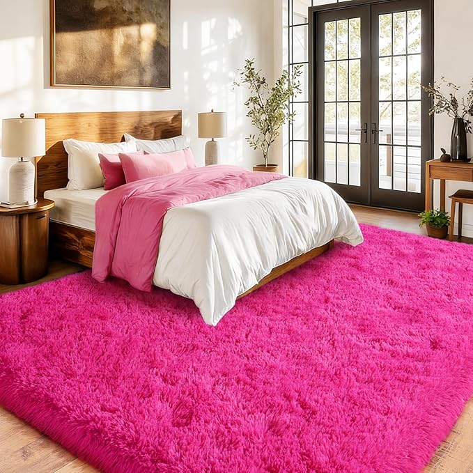 Fluffy Rugs for Living Room, Soft Shaggy for Bedrooms, Hot Pink Area Rug for Bedroom, Cozy Fuzzy Carpet for Kids, Perfect Indoor Decor for Boys and Girls 5x7 Feet