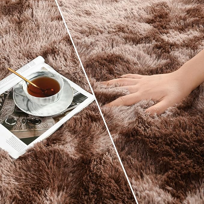 Large Shag Area Rugs 5 x 8, Tie-Dyed Plush Fuzzy Rugs for Living Room, Ultra Soft Fluffy Furry Rug for Bedroom, Indoor Carpet Nursery Rugs for Kids Room Home Decor, Coffee