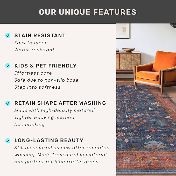 Washable Kitchen Rugs, 3x4 Area Rug for Large Entryway Indoor, Kitchen Mat, Small Rug for Living Room - Stain Resistant Non Skid Non Slip Rubber Backing, Boho Aethestic Décor (3x4 Navy Blue)