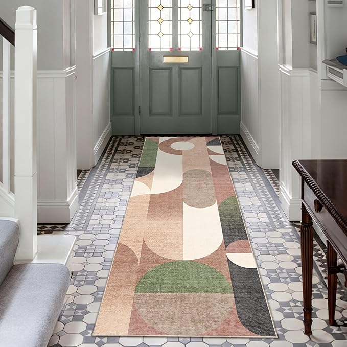 Modern Runner Rug 2x6 Washable Rug Runners for Hallway Kitchen,Long Rugs for Bedroom Entryway Bathroom,Non Slip Retro Rust Orange Geometric Floor Carpet