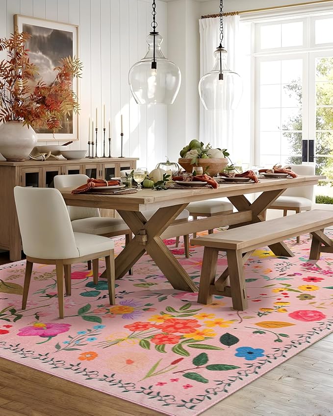 Area Rug 9x12, Washable Large Rugs for Living Room, Non Slip 0.27" Low Pile Vintage Floral Large Carpet for Bedroom, Dining Room, Kids Playroom (Pink)