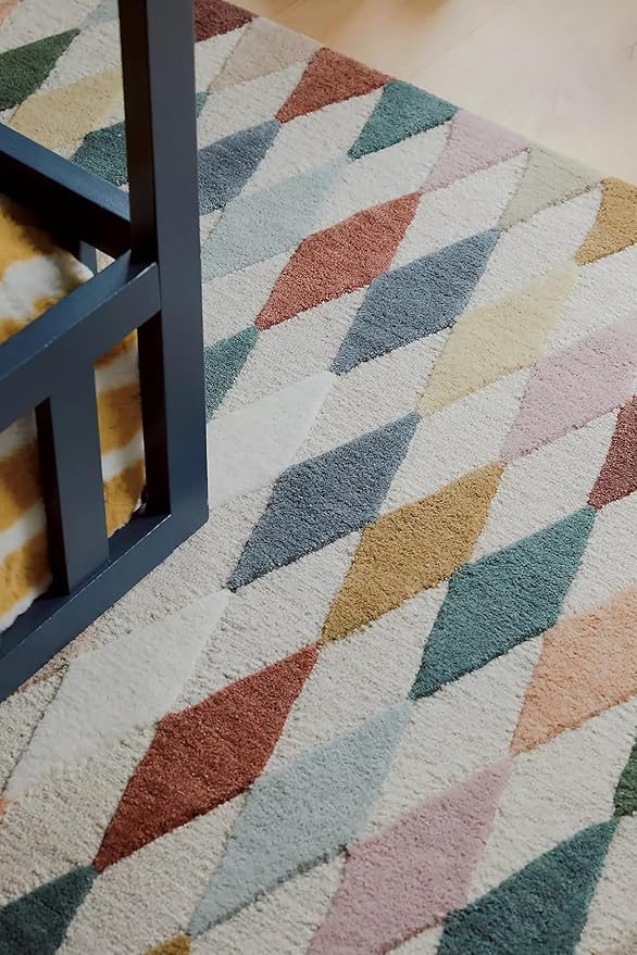 Hand-Tufted Wool Rug with Multicolor Diamond Pattern (7x10 Ft) - Modern Geometric Accent Rug for Living Room, Bedroom, or Office, Ivory Base