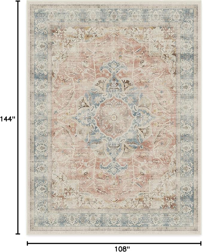 RUGGABLE Washable Vintage Area Rug – Sarrah Coral 9x12, Stain-Resistant, Non-Slip – Large Machine Washable Rugs for Living Room, Bedroom, Hallway, Entryway & Office–with Cushioned Pad