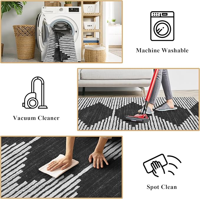 HelloTree Area Rug for Living Room Washable Geometric Moroccan Rug Stripe Farmhouse Bohemian Minimalistic Non Slip Non Shedding Ultra Thin Soft Rug for Bedroom Office DiningRoom Nursery-Black 5'x7'