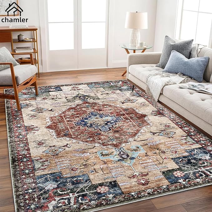 6x9 Washable Area Rug Boho Medallion Distressed Design Non-Shedding Easy Care Ideal for High Traffic Areas in Rugs for Living Room Bedroom Office Kitchen Large Carpet