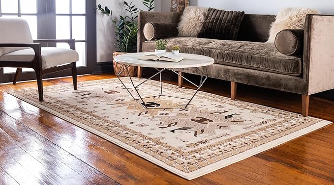 Unique Loom Taftan Collection Border Geometric Tribal Inspired Design Area Rug (9' 10 x 13' 0 Rectangular, Ivory/ Tan)
