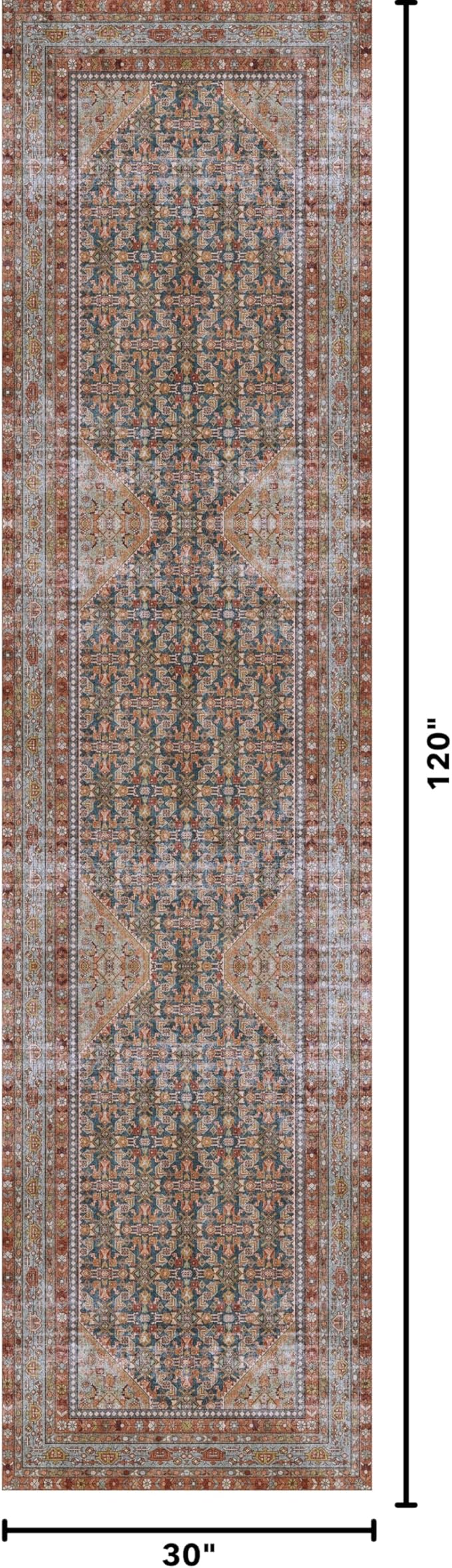 Kuden 2'6"x10 Runner Rug, Machine Washable Area Rug with Non-Slip Backing, Vintage Style, Soft, Easy Clean, Low Pile Rug for Hallway, Entryway, Kitchen, Bedroom