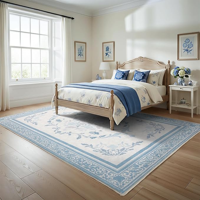 SOULFUL Medium Pile 8x10 Rugs for Living Room - Cozy Soft Underfoot Large Area Rug - Mist Blue Boho Floral - Washable Non-Slip - Perfect for Bedroom Kids Room Under Dining Table Office