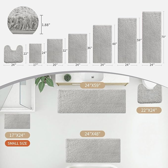 Gray Bathroom Rug 24x36 Non Slip Fluffy Bath Mat for Bathroom Floor Washable Plush Luxury Bath Rug for Tub Soft Shaggy Absorbent Shower Sink Mat