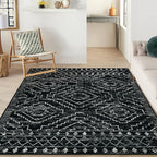 Wonnitar Moroccan 8x10 Area Rugs for Living Room, Washable Large Black Rug for Bedroom, Non-Slip Soft Thin Stain Resistant Boho Tribal Floor Carpet for Dining Guest Room Office (Black,8'x10')