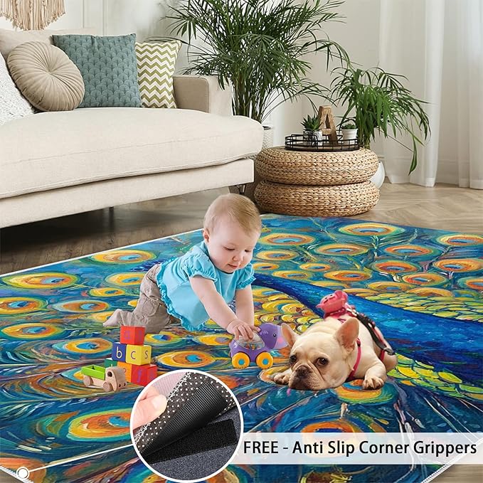 Peacock Area Rug 5x8-5x8 Rug, Wonderful Peacock Rugs for Living Room, Teal Turquoise Carpet, Peafowl Washable Area Rugs for Bedroom, Aesthetics Carpet - Peafowl Home Decor & Gifts