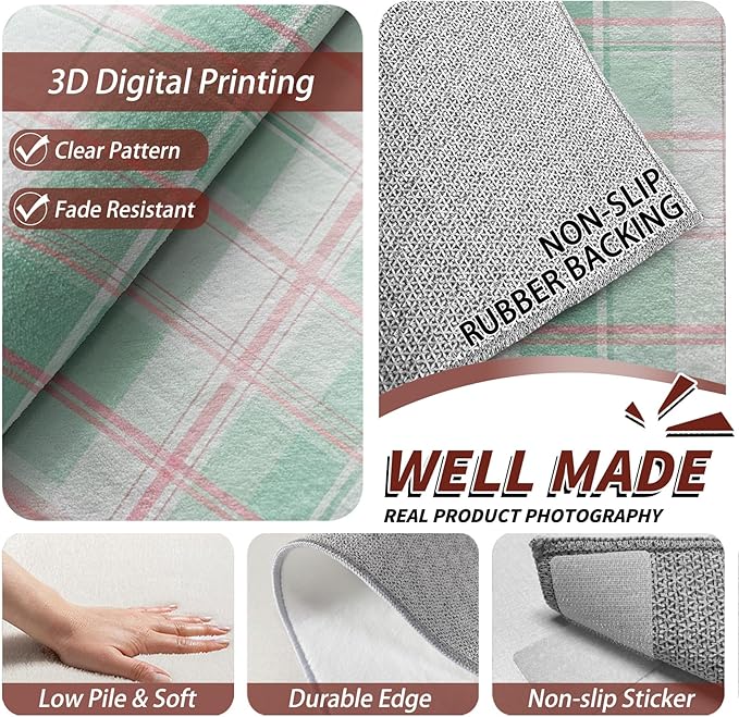 Plaid Rugs for Bedroom - 4x5ft - Mint Green Tartan Gingham Rugs for Living Room Non Slip Low Pile Machine Washable Area Rug, Plaid Carpets Home Decor & Gifts