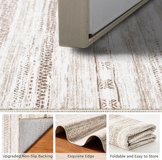 3x5 Area Rug Machine Washable Non Slip Rug Distressed Neutral Moroccan Boho Rug Ultra Soft Indoor Rugs for Bedroom Living Room Entryway Kitchen Foyer Bedside, Light Brown