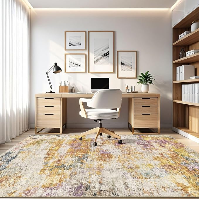 8X10 Area Rugs Living Room: Washable Large Abstract Soft Stain Resistant Indoor Floor Rugs Non Slip Accent Carpet for Bedroom Nursery Playroom Office Dining Room Dorm & Home- Gold Colorful
