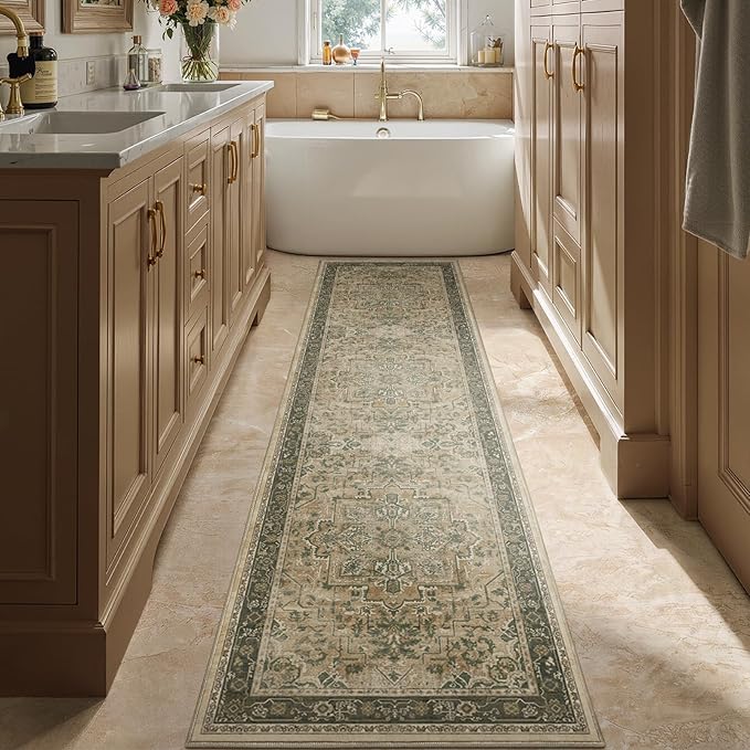 2'6''x8' Kitchen Runner Rug, Retro Distressed Moody Medallion Runners for Hallways Non Slip Washable, Low Pile Thin Entryway Runner Rug Indoor Foyer Mudroom Bedroom, Multi Brown/Olive