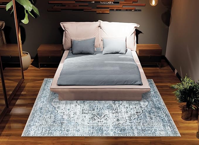 Bloom Rugs Caria Washable Non-Slip 5x7 Rug - Ivory/Blue/Gray Traditional Area Rug for Living Room, Bedroom, Dining Room, and Kitchen - Exact Size: 5' x 7'