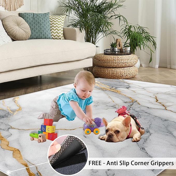 6x8 Abstract Marble Classroom Rugs - White-Marble Playroom Rug, Modern Luxury Carpet Area Rug for Girls Bedroom Kids Room Basement Office Classroom